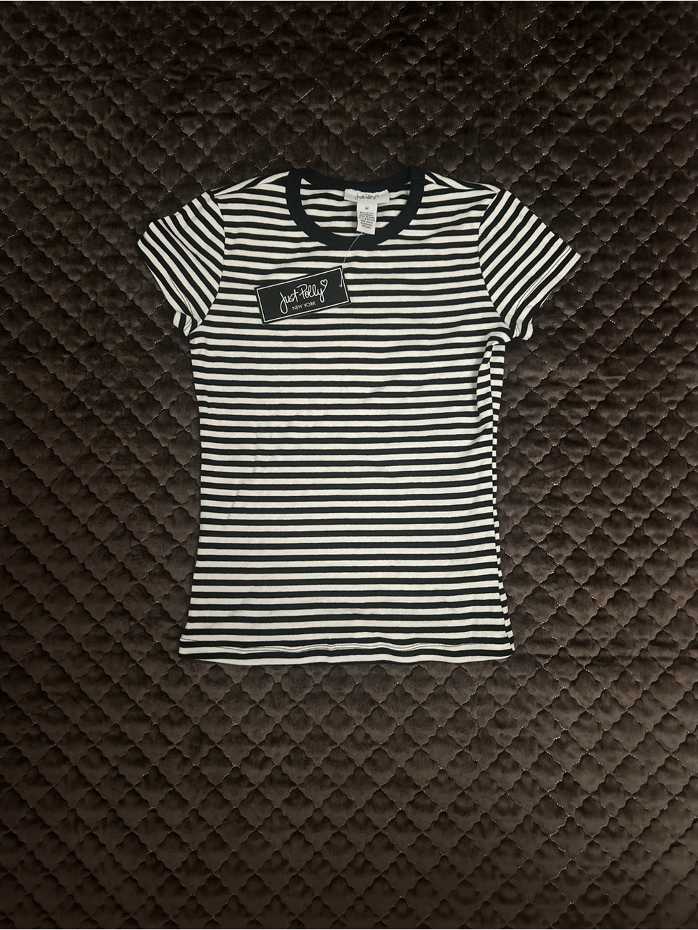 JustFab Black & White Striped Short Sleeve Tee